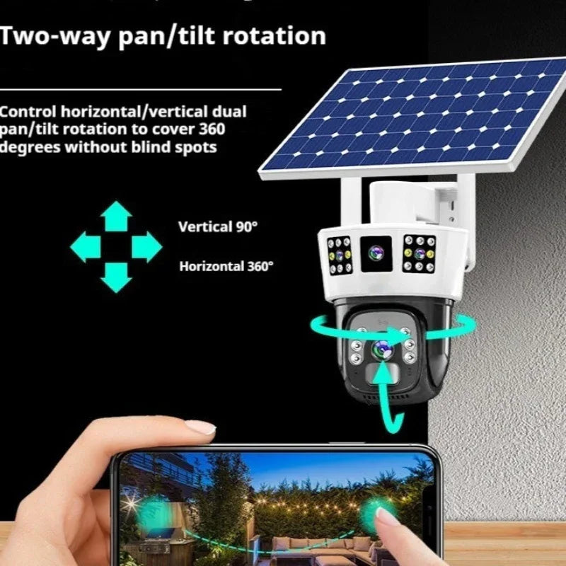Solarbetriebene Überwachungskamera mit drei Bildschirmen für die Haussicherheit