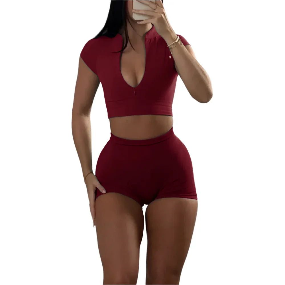 Sportlicher Kurzarm-Reißverschluss-Top und Shorts Zweiteiliges Gym-Workout-Outfit Bekleidungsset Anzug für Damen