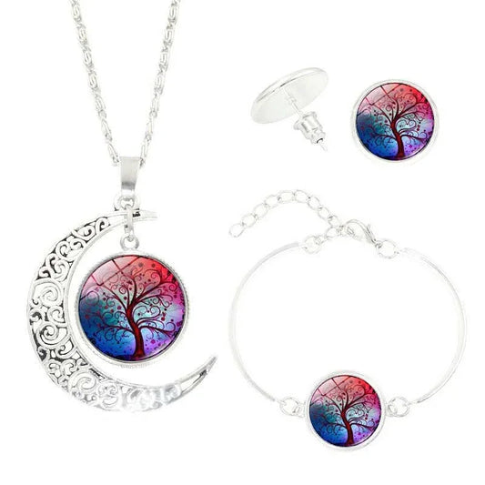 Baum des Lebens Zeit Edelstein Ohrringe Armband Schmuck Halskette Set