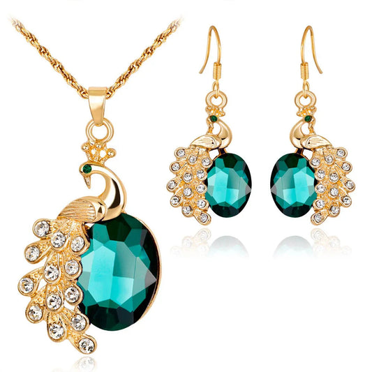 Pfau Strass Ohrringe & Halskette Schmuckset