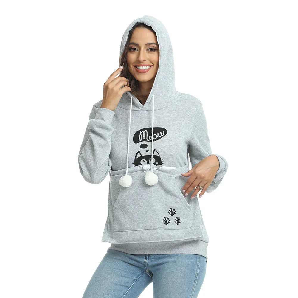 Lässiger Katzen-Print Hoodie mit großer Tasche für Haustiere Langarm-Pullover Damen Kapuzen-Oberteile Kleidung