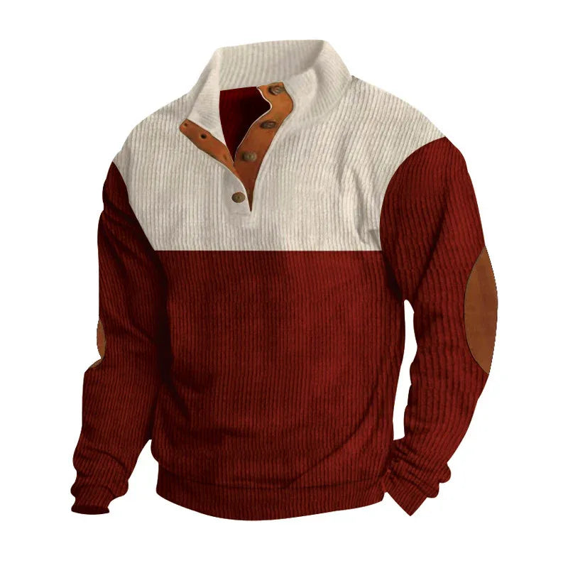 Herren Freizeitpullover mit Stehkragen, halber Knopfleiste und modischem Farbblockdesign