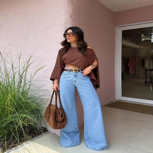 Braunes schulterfreies Crop Top für Damen