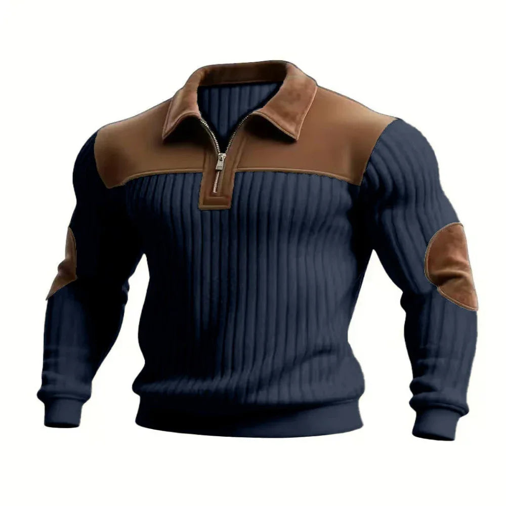 Herren-Strickpullover mit gekerbtem Kragen, Patchwork und Reißverschluss