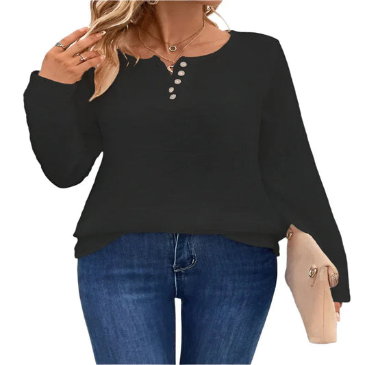 Camiseta de manga larga con botones y cuello redondo para mujer