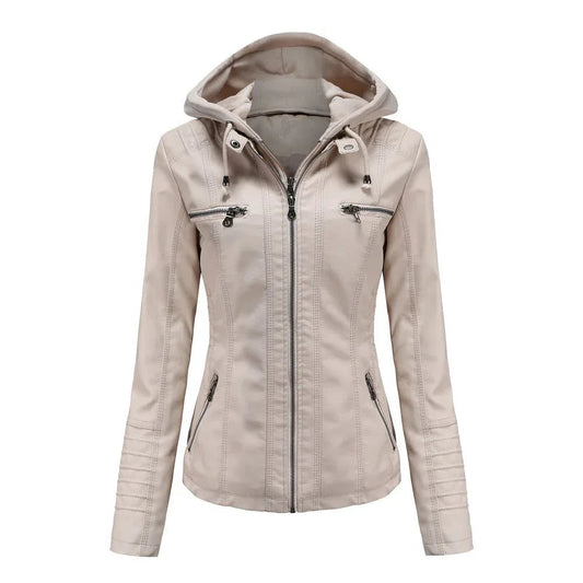 Abnehmbare zweiteilige Kapuzen-Lederjacke für Damen