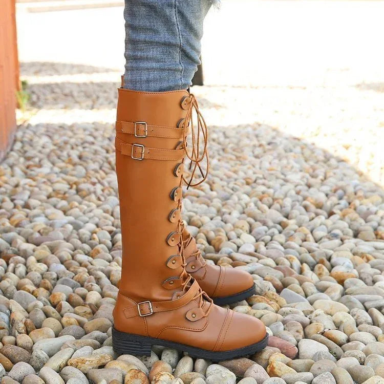 Hohe Overknee Stiefel mit runder Zehenpartie und Schnürung für Damen