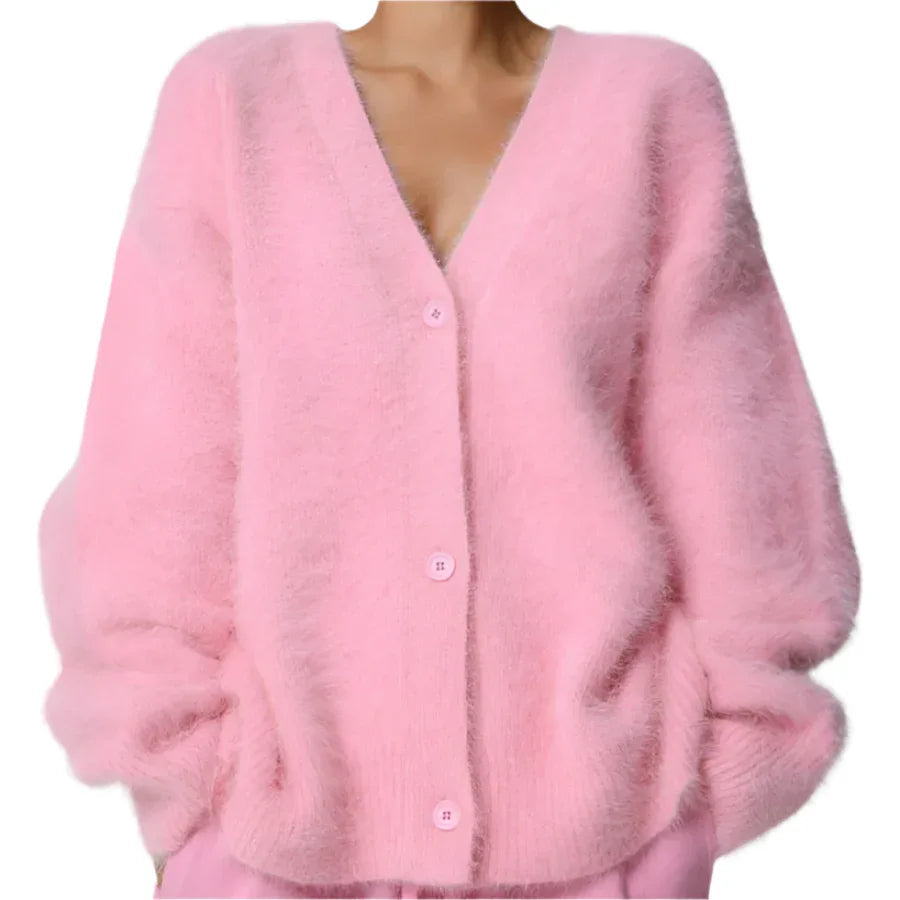 Lockere V-Ausschnitt Strickjacke mit Knöpfen Herbst Winter Mode Einreihiger Strickpullover Top Damenbekleidung
