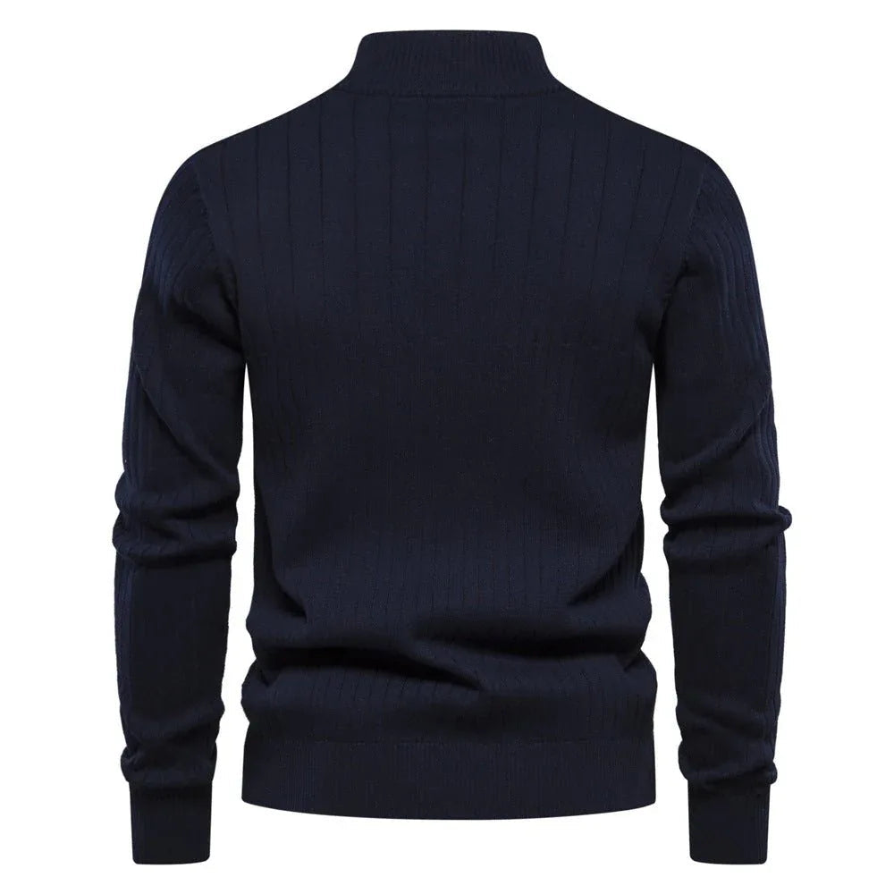 Herren Stehkragen Pullover Mode Halb-Reißverschluss Einfarbig Gestreifter Strickpullover Hohe Qualität Slim Fit Oberteil Kleidung