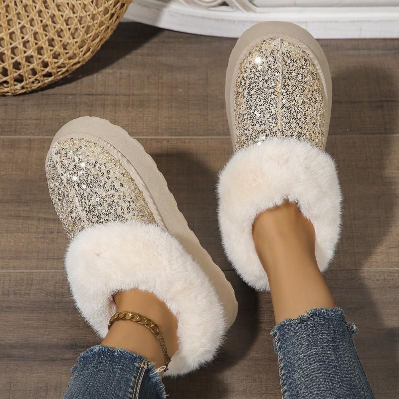 Glitzernde Indoor-Outdoor Lässige Warme Bequeme Dicksohlige Plüschhausschuhe für Damen