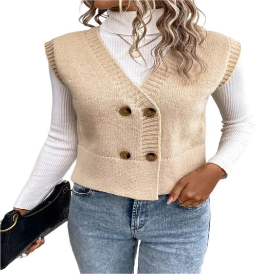 Suéter informal de punto con cuello de pico y botones para mujer