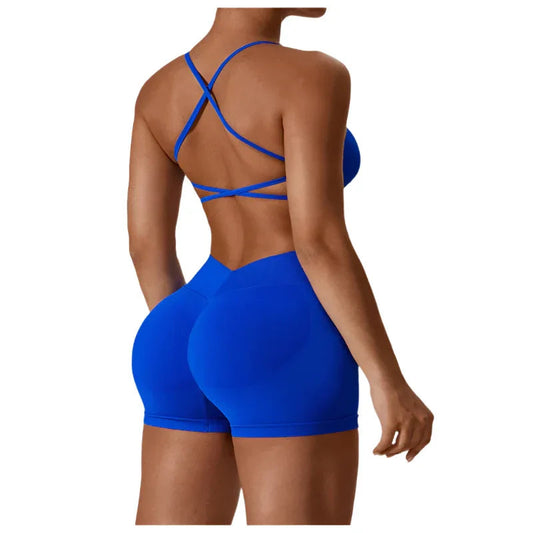 Nahtloses Sport-BH & Gym-Shorts-Set für Damen mit offener Rückenpartie, schnelltrocknend und eng anliegend