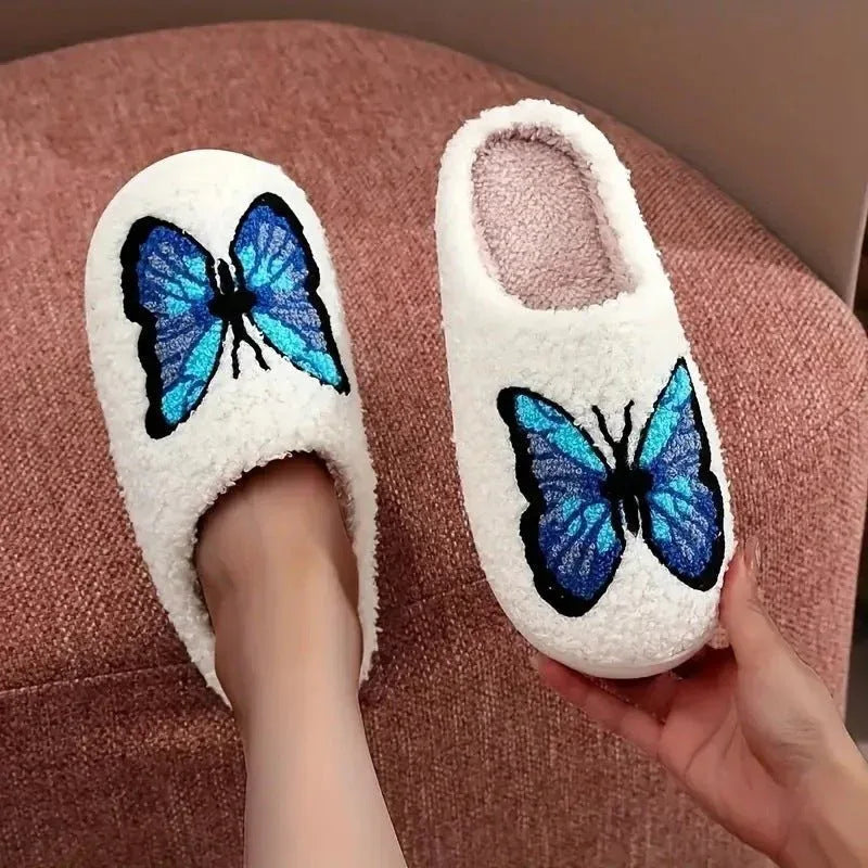 Damen Weiche Warme Indoor Hausschuhe aus Baumwolle mit gesticktem Schmetterling