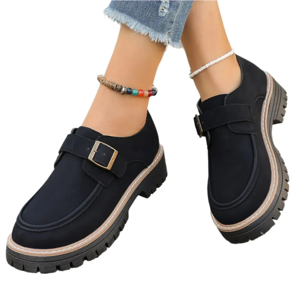 Modische Schnallen-Loafer für Damen Britischer Stil Höhenerhöhende Freizeitschuhe mit dicker Sohle