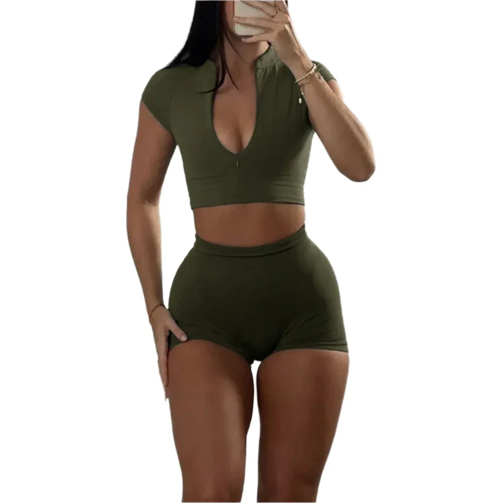 Sportlicher Kurzarm-Reißverschluss-Top und Shorts Zweiteiliges Gym-Workout-Outfit Bekleidungsset Anzug für Damen