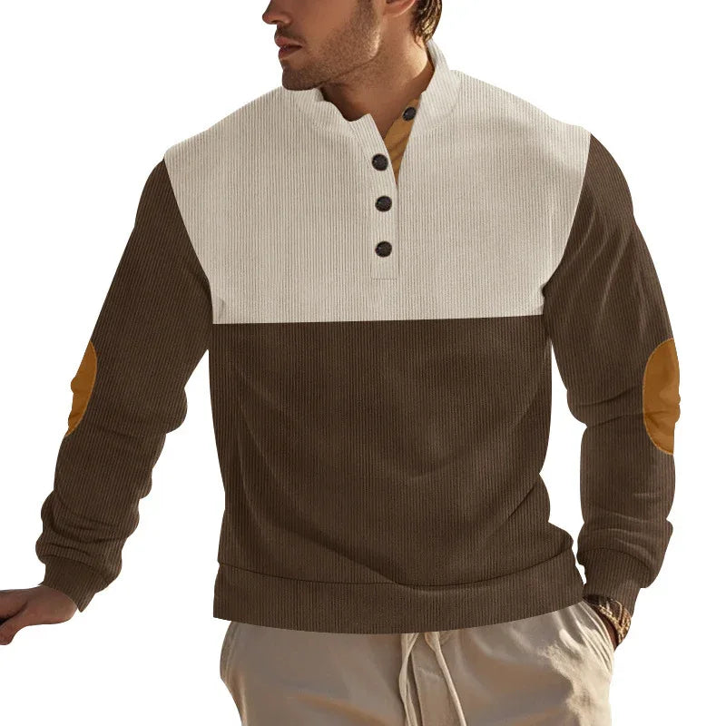 Herren Freizeitpullover mit Stehkragen, halber Knopfleiste und modischem Farbblockdesign