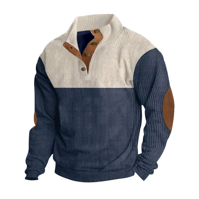 Herren Freizeitpullover mit Stehkragen, halber Knopfleiste und modischem Farbblockdesign