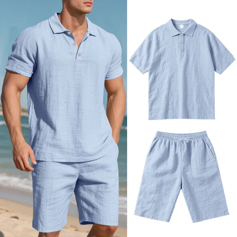 Sommer Herren lockere Freizeit Leinen atmungsaktive Kurzarmhemden & Shorts Bekleidungsset