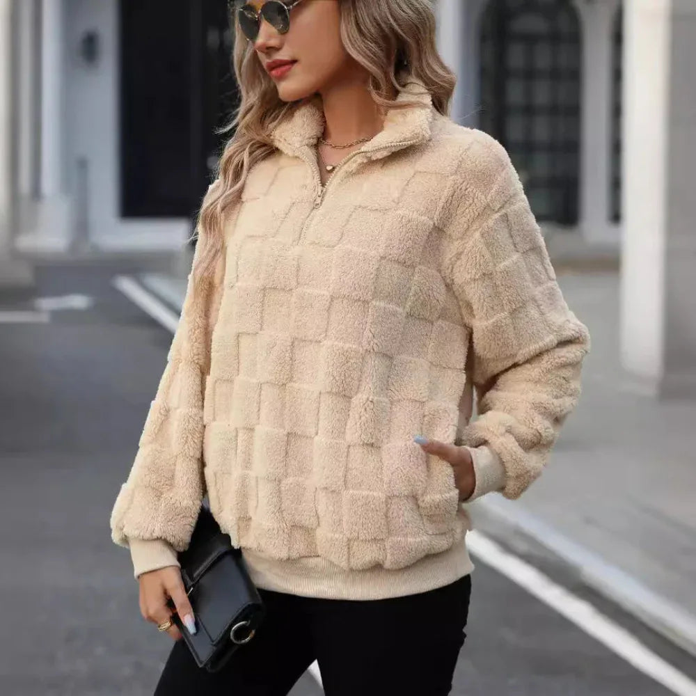 Women's Half Zipped Stand Collar Loose Plaid Plush Pullover Sweater