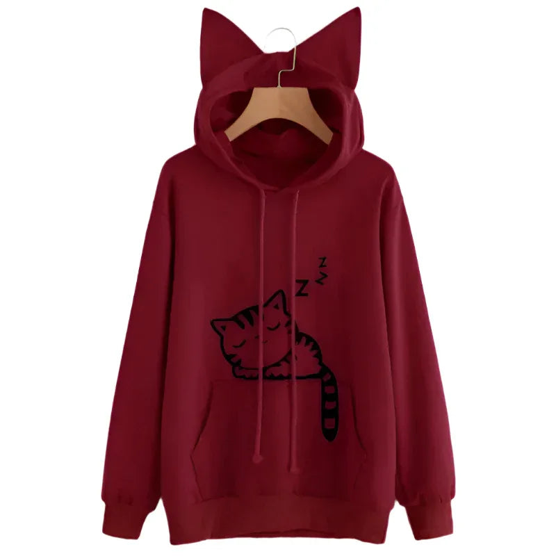 Damen Mädchen Casual Hoodies Pullover Langarm Niedliche Ohren Bedruckte Hoodies Jogginganzug Oberbekleidung Sweatshirt