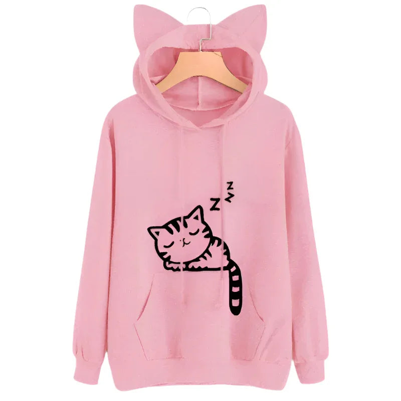 Damen Mädchen Casual Hoodies Pullover Langarm Niedliche Ohren Bedruckte Hoodies Jogginganzug Oberbekleidung Sweatshirt
