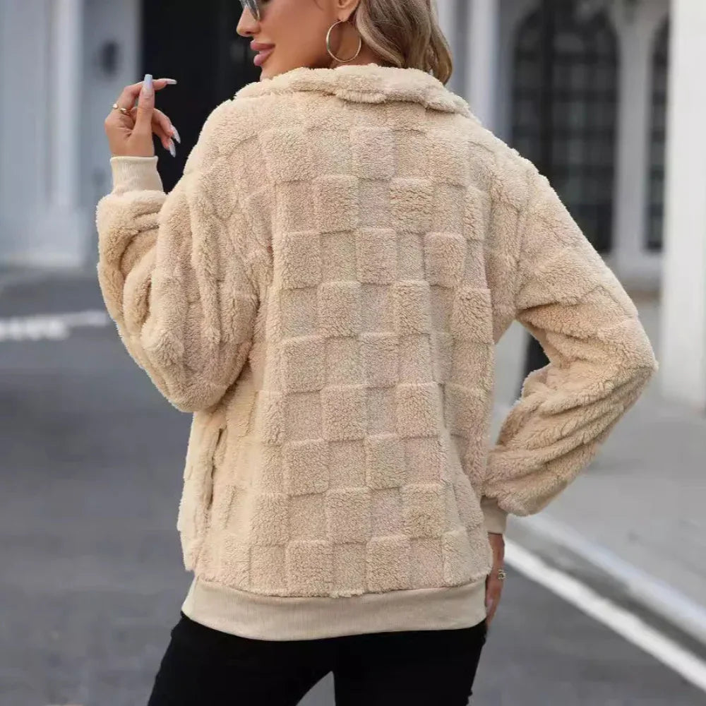 Women's Half Zipped Stand Collar Loose Plaid Plush Pullover Sweater