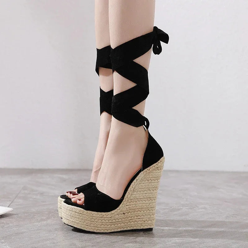 Sandalen Damen Sommer Keilabsatz mit Hanfseil-Sohle Plateau Schuhe