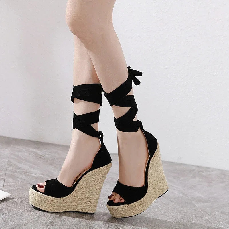 Sandalen Damen Sommer Keilabsatz mit Hanfseil-Sohle Plateau Schuhe