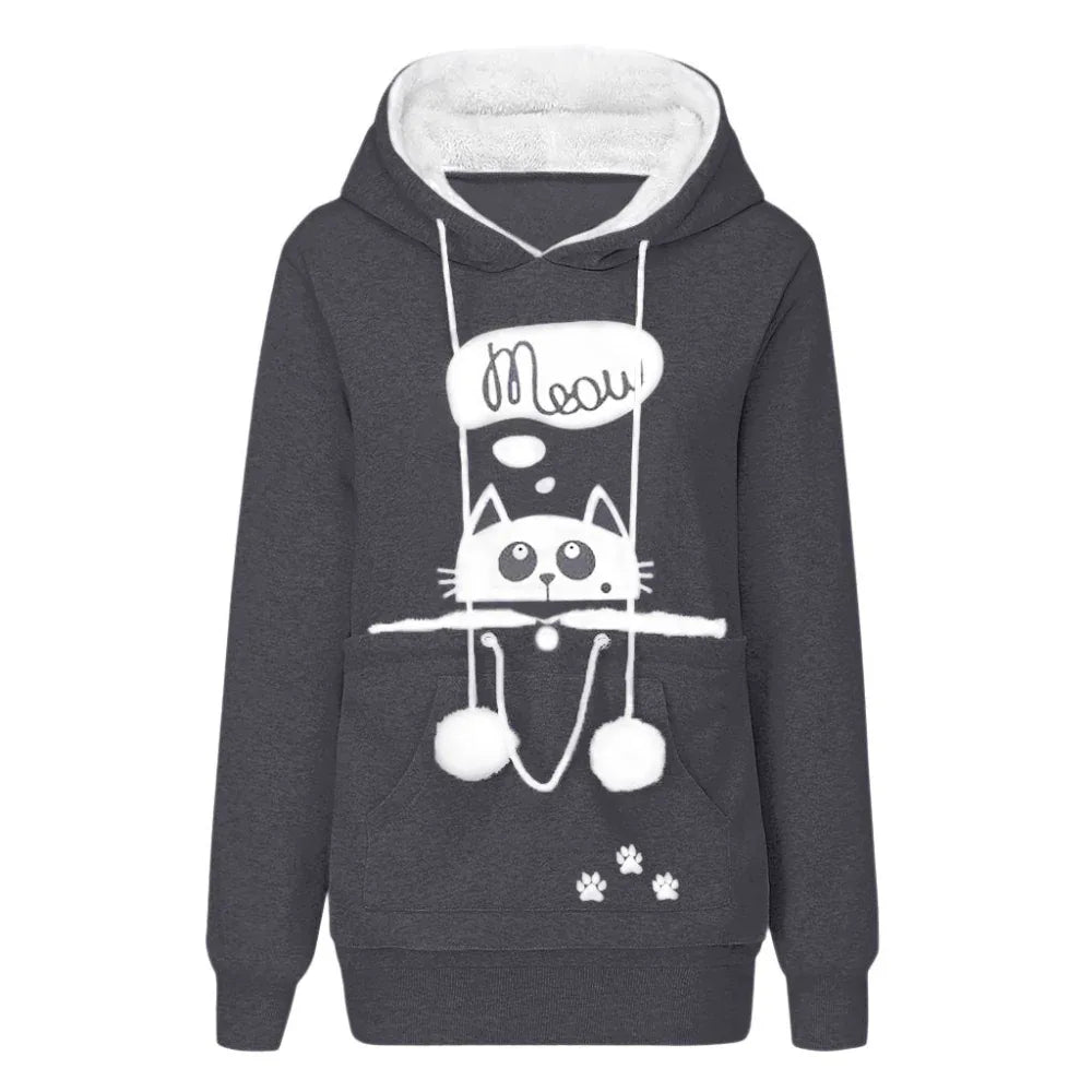 Lässiger Katzen-Print Hoodie mit großer Tasche für Haustiere Langarm-Pullover Damen Kapuzen-Oberteile Kleidung