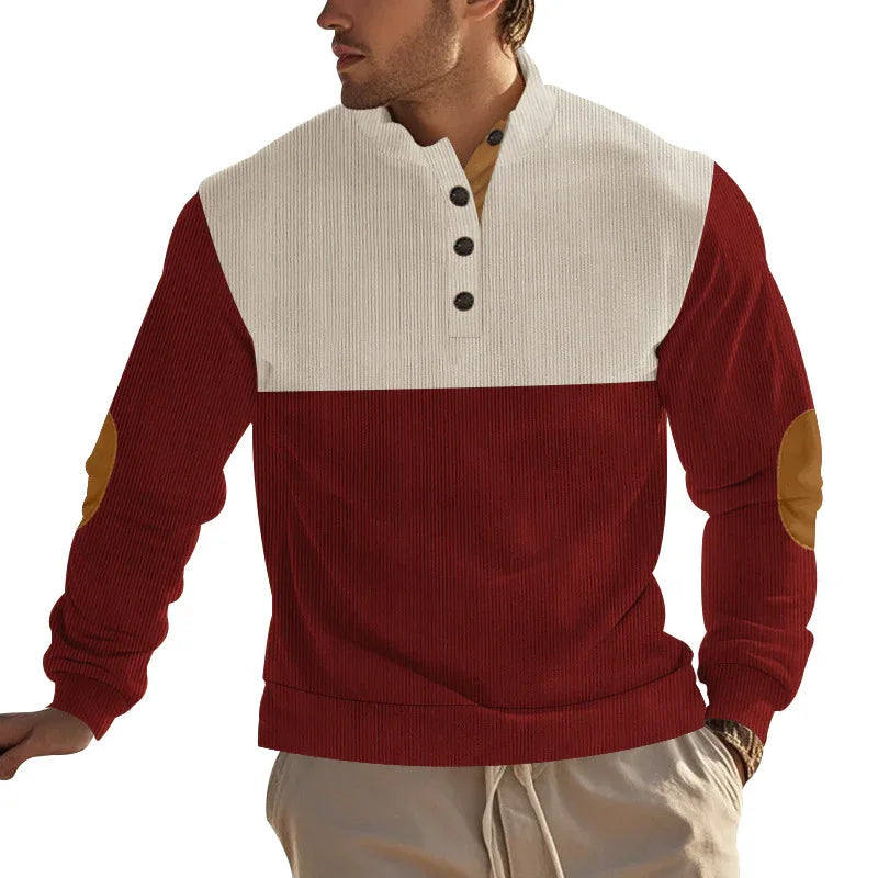Herren Freizeitpullover mit Stehkragen, halber Knopfleiste und modischem Farbblockdesign