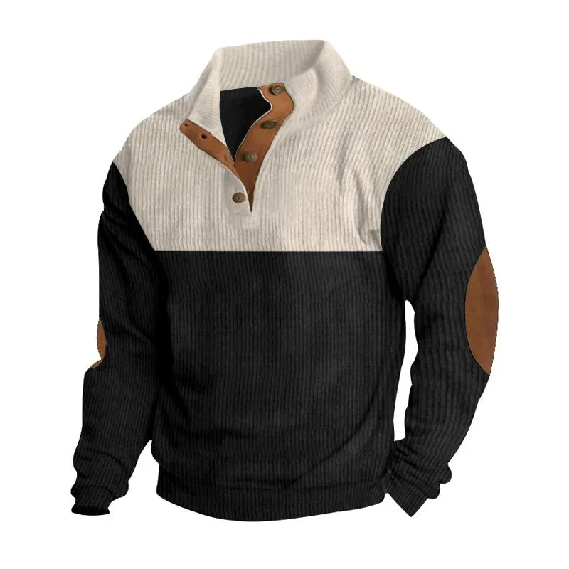 Herren Freizeitpullover mit Stehkragen, halber Knopfleiste und modischem Farbblockdesign