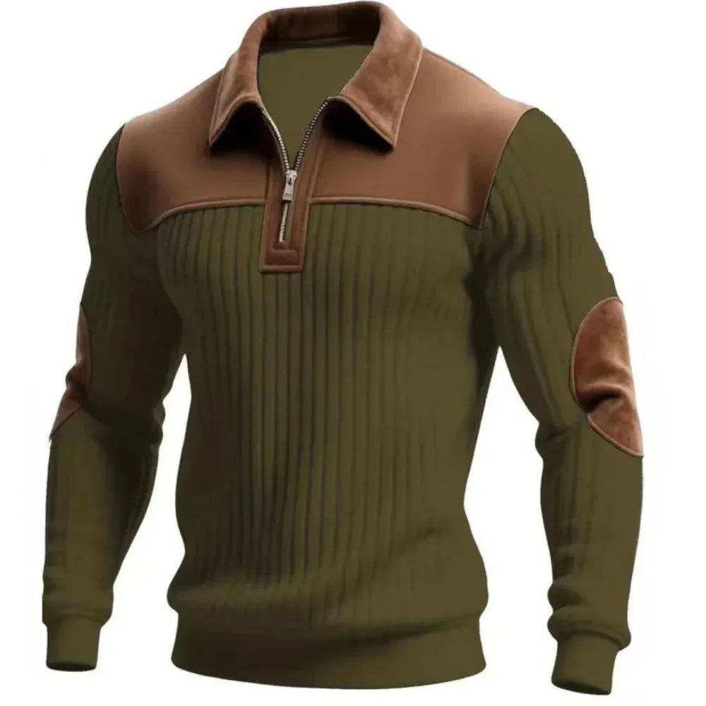 Herren-Strickpullover mit gekerbtem Kragen, Patchwork und Reißverschluss