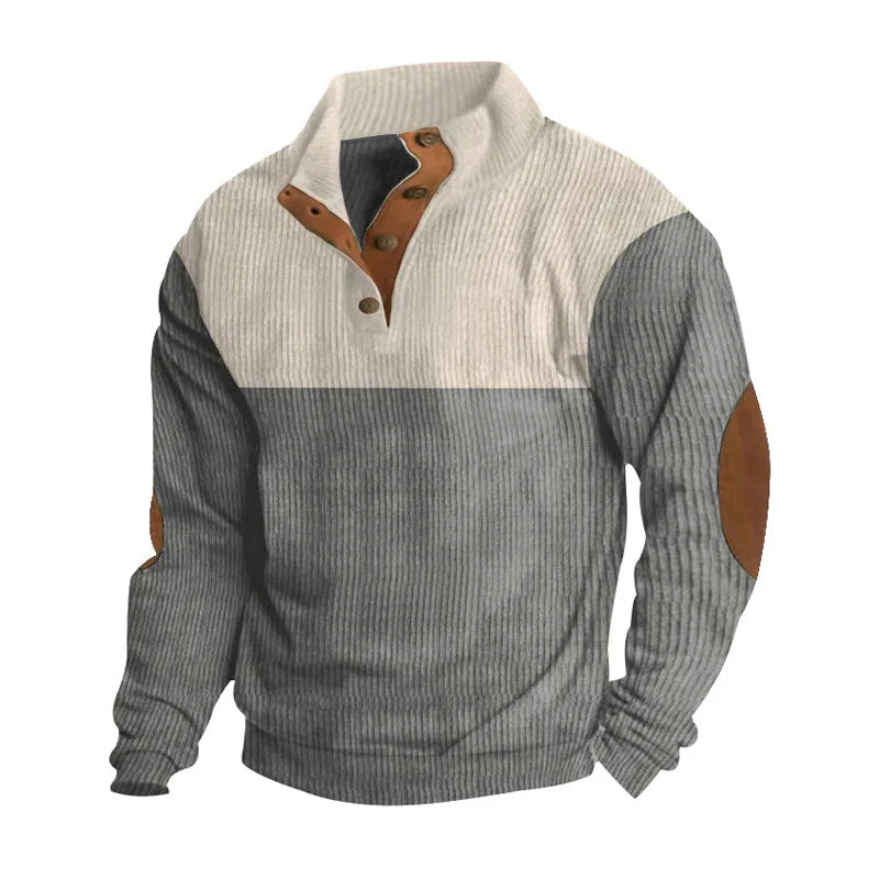 Herren Freizeitpullover mit Stehkragen, halber Knopfleiste und modischem Farbblockdesign