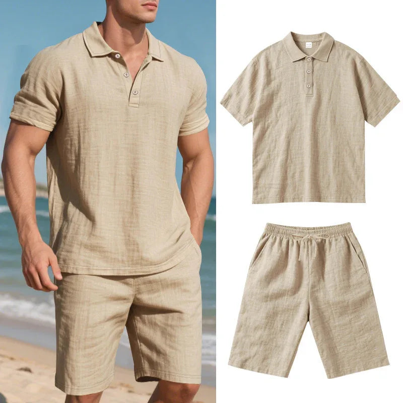Sommer Herren lockere Freizeit Leinen atmungsaktive Kurzarmhemden & Shorts Bekleidungsset