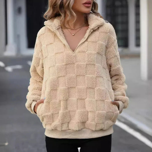 Damen-Pullover mit halbem Reißverschluss, Stehkragen, lockerem Karomuster und Plüsch