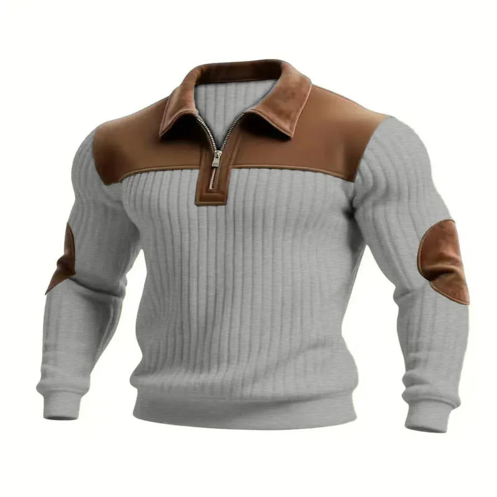 Herren-Strickpullover mit gekerbtem Kragen, Patchwork und Reißverschluss
