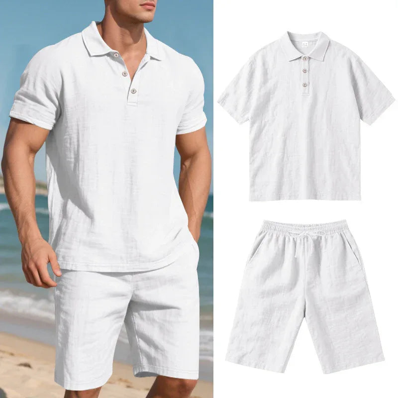Sommer Herren lockere Freizeit Leinen atmungsaktive Kurzarmhemden & Shorts Bekleidungsset
