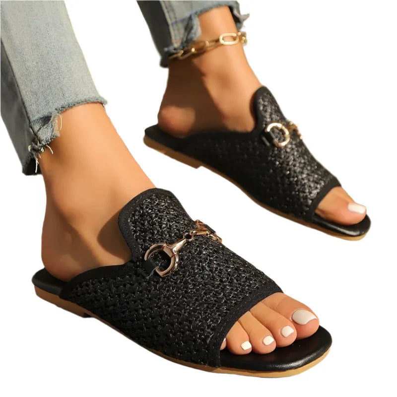 Hohle Square Toe Sandalen Sommer Mode Solide Flache Slides Damen Strandschuhe