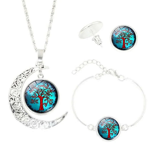 Baum des Lebens Zeit Edelstein Ohrringe Armband Schmuck Halskette Set