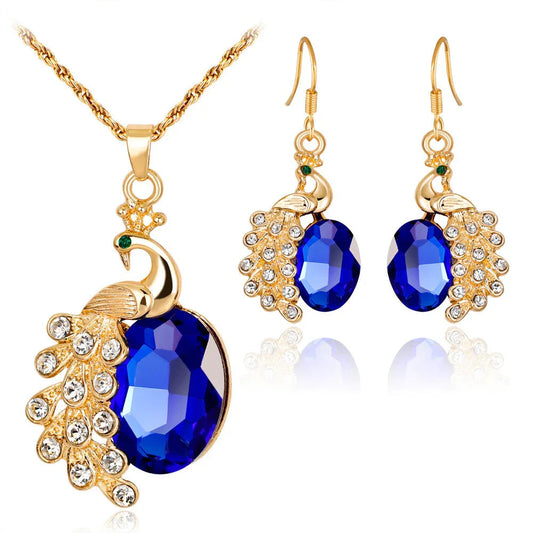 Pfau Strass Ohrringe & Halskette Schmuckset