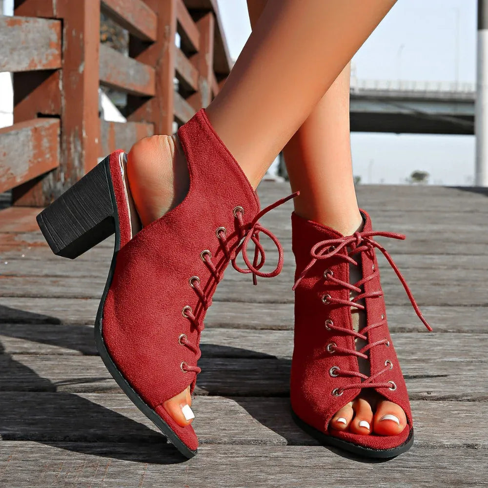 Geschnürte Chunky Heel Sandalen Sommer Mode Peeptoe Schuhe für Damen