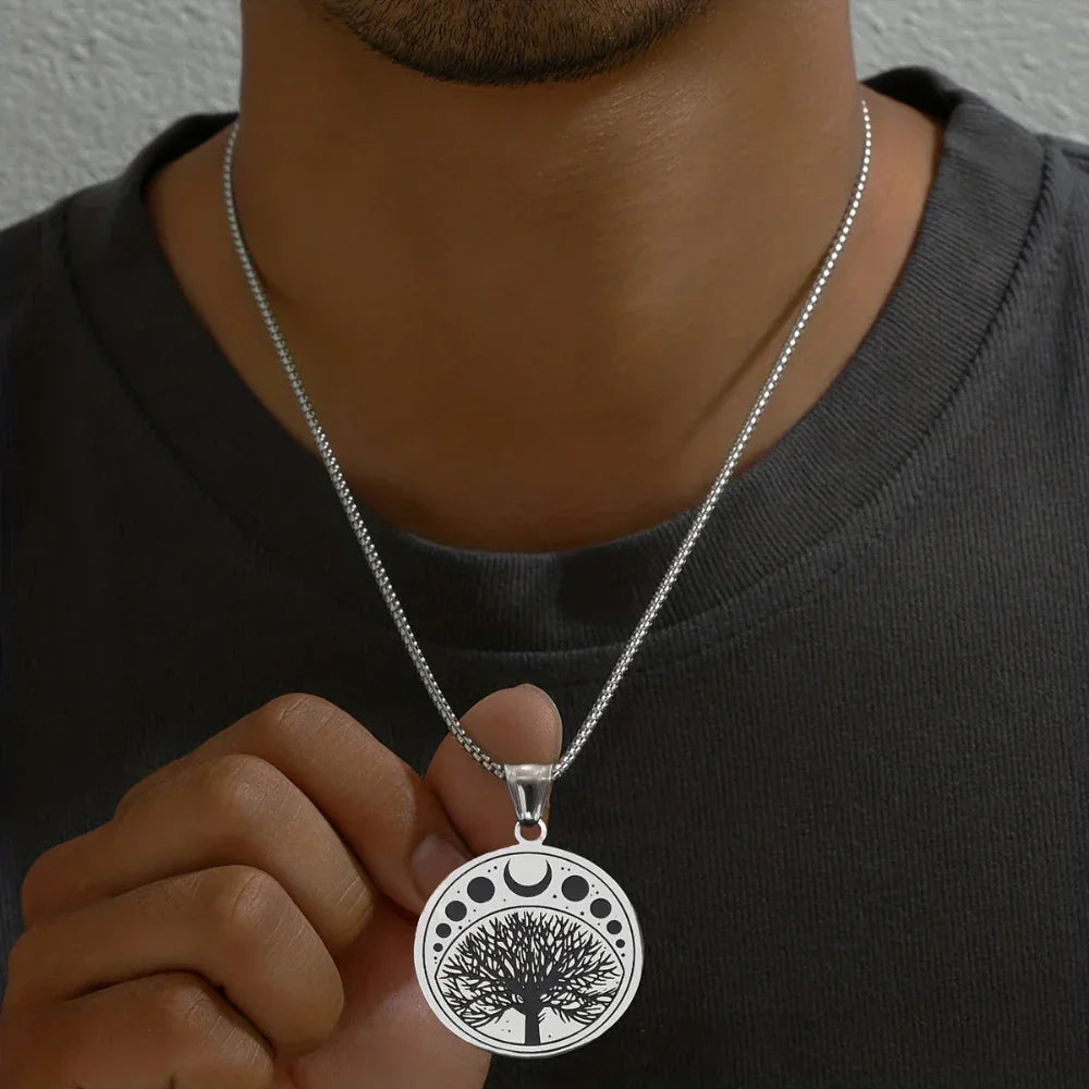 Herren-Halskette mit rundem Edelstahl-Lebensbaum-Anhänger