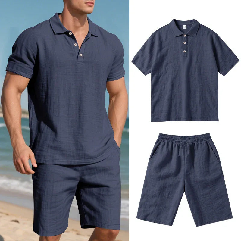 Sommer Herren lockere Freizeit Leinen atmungsaktive Kurzarmhemden & Shorts Bekleidungsset