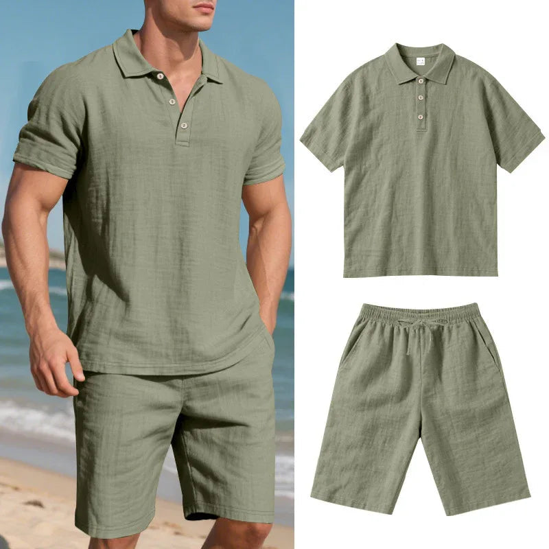 Sommer Herren lockere Freizeit Leinen atmungsaktive Kurzarmhemden & Shorts Bekleidungsset