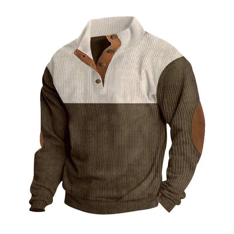 Herren Freizeitpullover mit Stehkragen, halber Knopfleiste und modischem Farbblockdesign