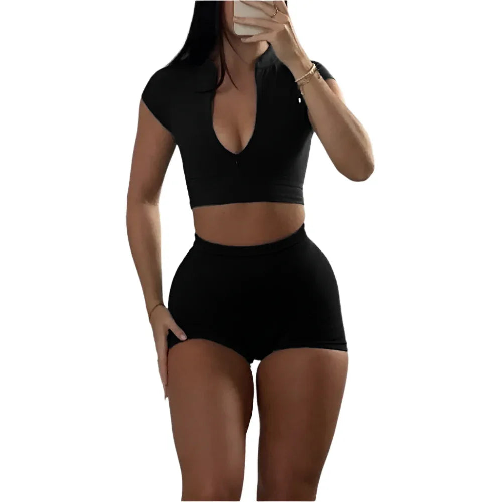 Sportlicher Kurzarm-Reißverschluss-Top und Shorts Zweiteiliges Gym-Workout-Outfit Bekleidungsset Anzug für Damen