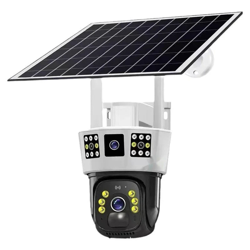 Solarbetriebene Überwachungskamera mit drei Bildschirmen für die Haussicherheit