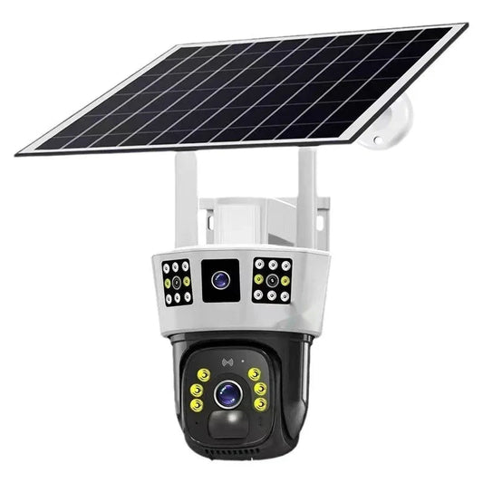 Solarbetriebene Überwachungskamera mit drei Bildschirmen für die Haussicherheit