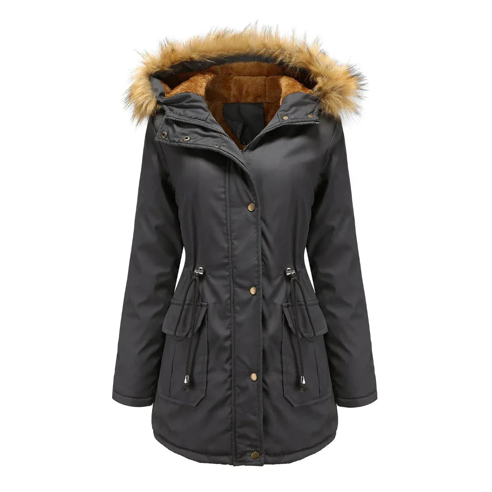 Damen Winterjacke mit Kapuze, Pelzkragen und Fleecefutter