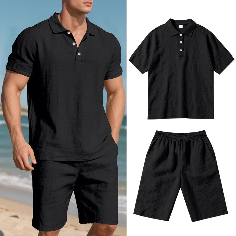 Sommer Herren lockere Freizeit Leinen atmungsaktive Kurzarmhemden & Shorts Bekleidungsset